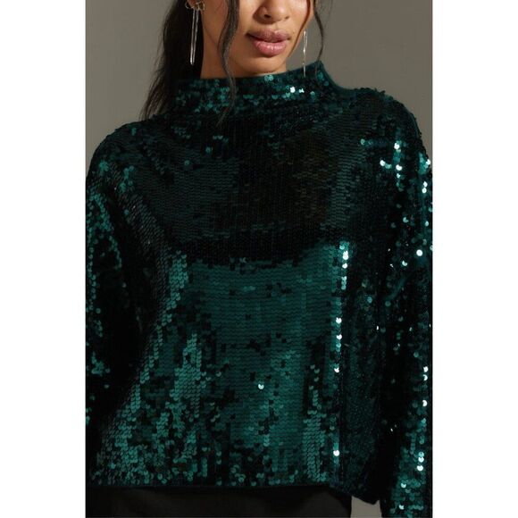 Anthropologie Alani Sequin Cashmere Mock-Neck Sweater Pilcro Womens Medium Green - Picture 4 of 13